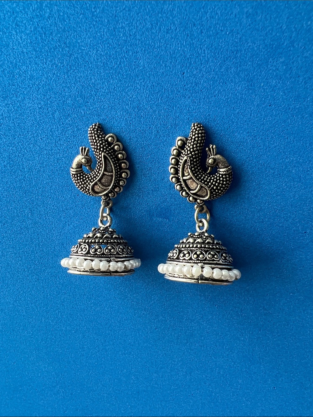 Oxidized Silver Peacock Jhumka Earrings with White Bead Trim